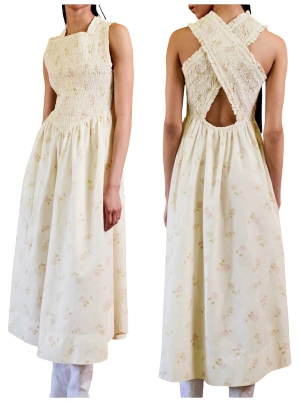 Ganni Smocked Floral Midi Dress Cotton EU 42 US 10 12 Open Back